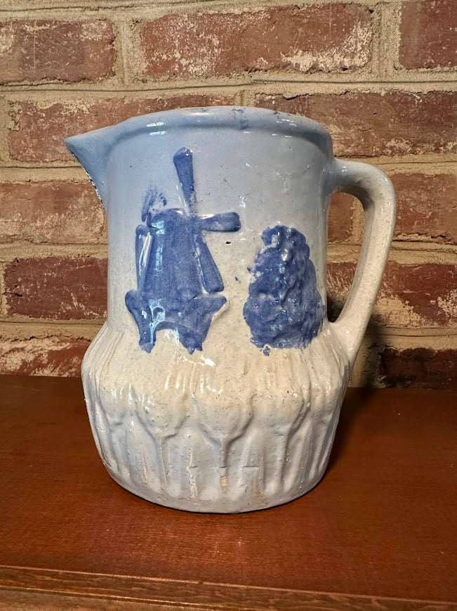 Antique Salt-Glazed Stoneware Pitcher – Windmill Relief Design - #2