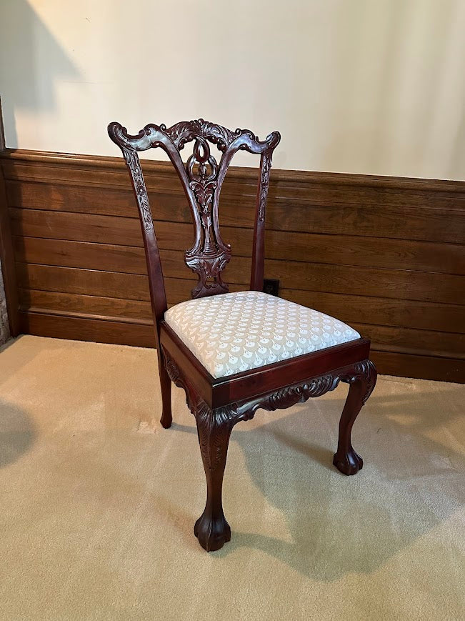Heavily Carved Chippendale Side Chair with Fan-Pattern Upholstery