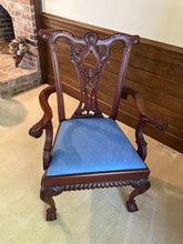 Load image into Gallery viewer, Carved Chippendale Armchair with Blue Damask Upholstery
