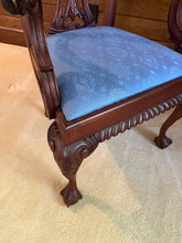 Load image into Gallery viewer, Carved Chippendale Armchair with Blue Damask Upholstery
