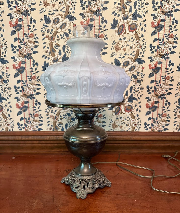 Antique Electric Parlor Lamp – Frosted Milk Glass Shade (Converted Oil Lamp)