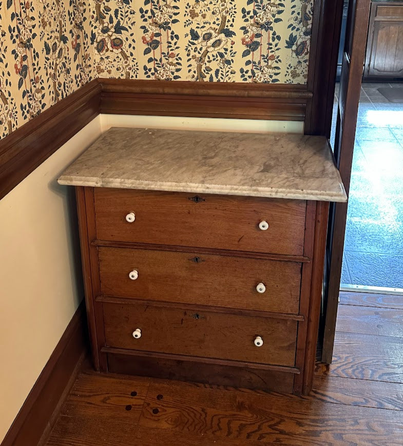 Antique Marble-Top Wash Stand – 19th-Century Chest with Porcelain Pulls