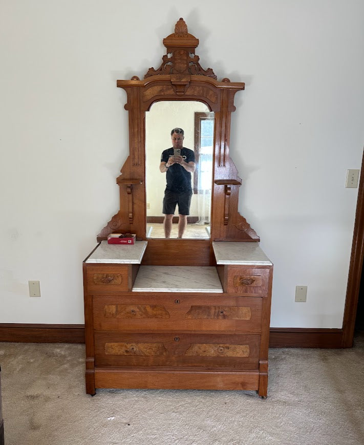Antique Victorian Dresser with Split Marble Top and Mirror