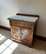 Load image into Gallery viewer, Antique Eastlake Marble-Top Wash Cabinet with Carved Detailing
