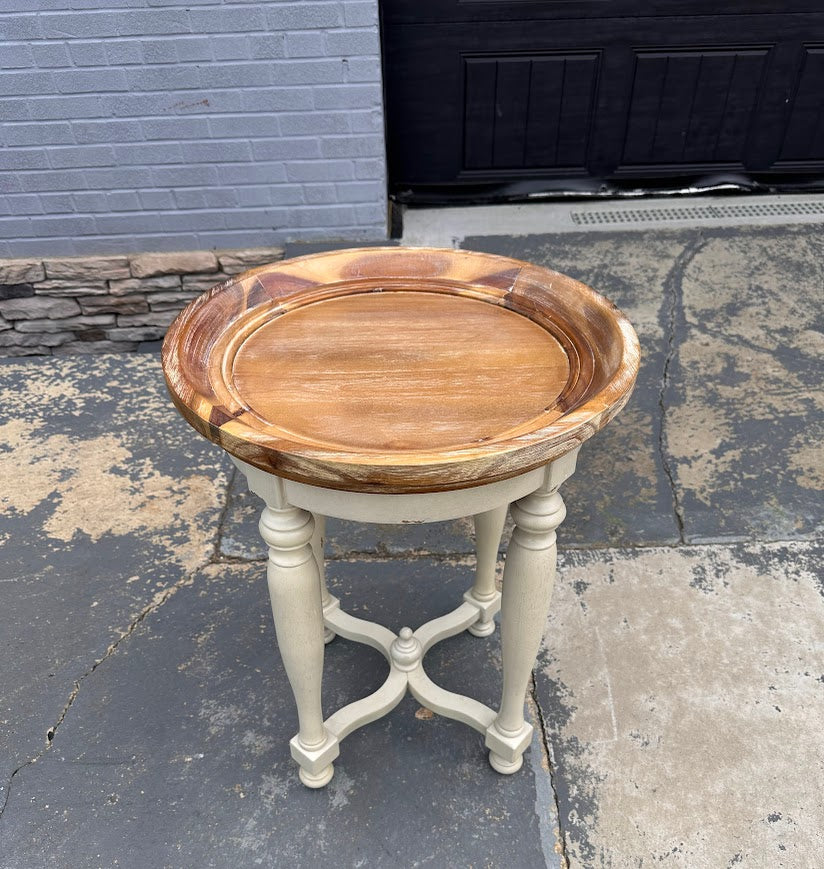 Pier 1 Imports “Amelia” Round End Table – Two-Tone Wood & Cream Pedestal Base