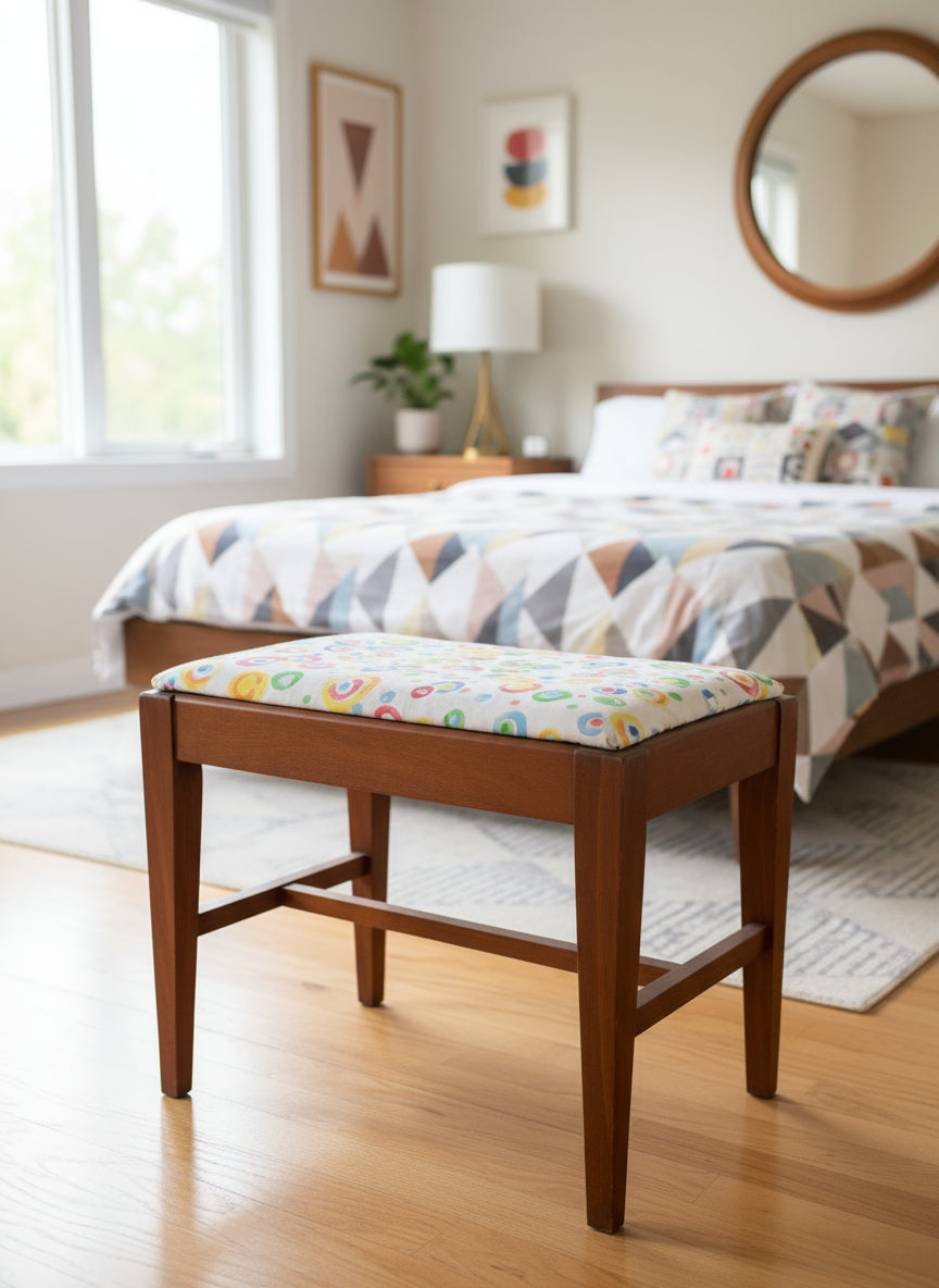 Mid-Century Style Vanity Bench with Colorful Upholstery