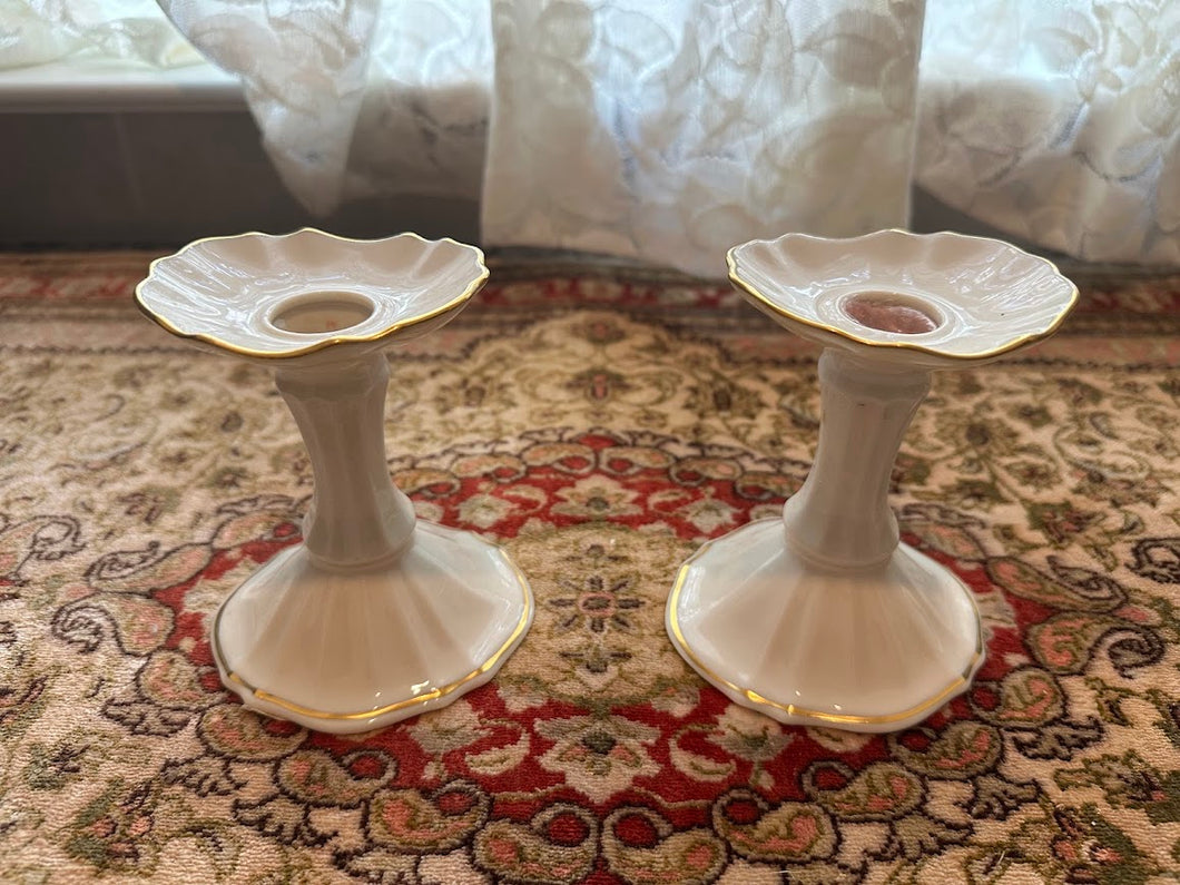 Lenox “Symphony” Porcelain Candlestick Holders – Pair of Ivory & 24K Gold Trim Candle Holders, Made in USA