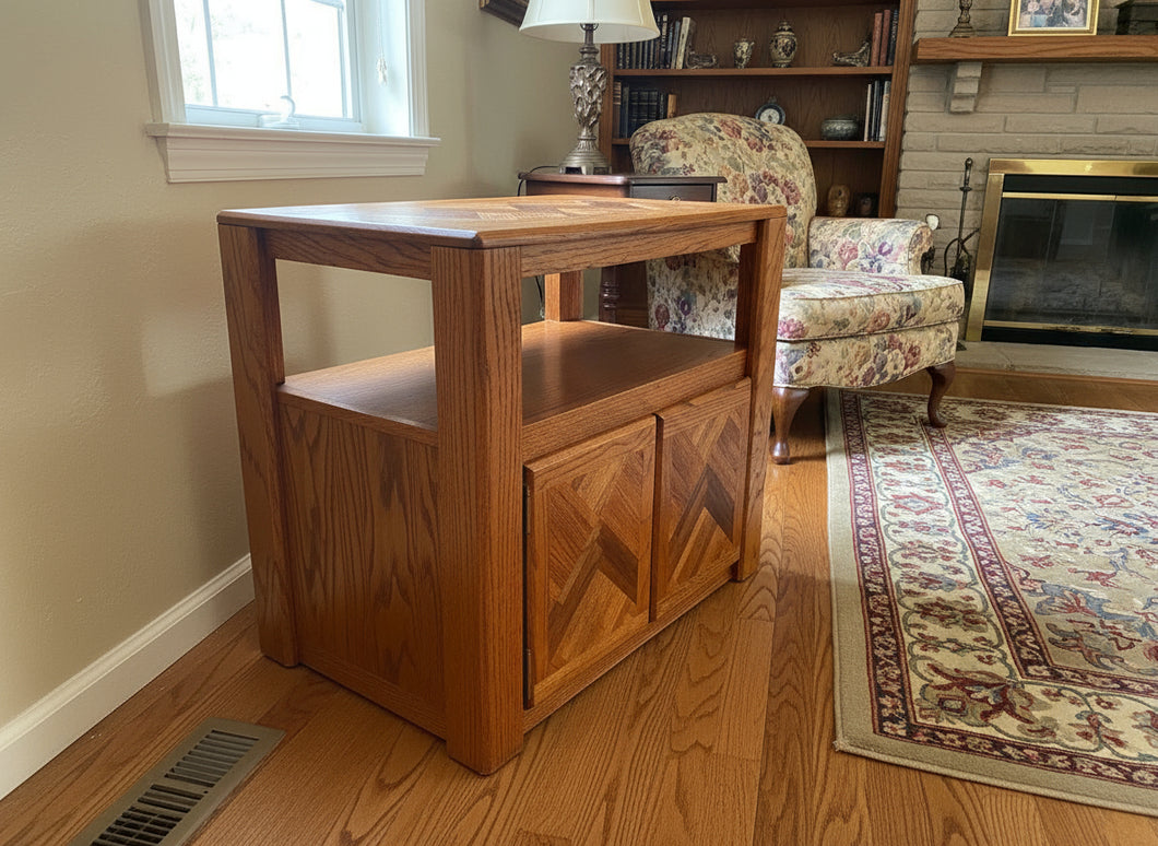 Oak Chevron Accent Cabinet – Mid-Century Modern Style Storage Table
