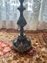 Load image into Gallery viewer, Vintage Silverplate Candelabra Set – Ornate 14" Two-Arm Candle Holders with Rose Motif Base &amp; Patina Finish (5" Base)
