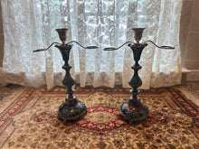 Load image into Gallery viewer, Vintage Silverplate Candelabra Set – Ornate 14" Two-Arm Candle Holders with Rose Motif Base &amp; Patina Finish (5" Base)
