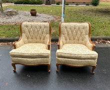 Load image into Gallery viewer, Pair of Vintage French Provincial Tufted Lounge Chairs – Floral Upholstery &amp; Carved Wood Frames
