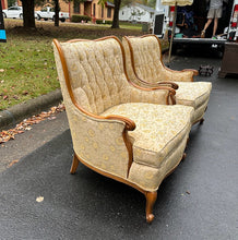 Load image into Gallery viewer, Pair of Vintage French Provincial Tufted Lounge Chairs – Floral Upholstery &amp; Carved Wood Frames
