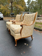 Load image into Gallery viewer, Pair of Vintage French Provincial Tufted Lounge Chairs – Floral Upholstery &amp; Carved Wood Frames
