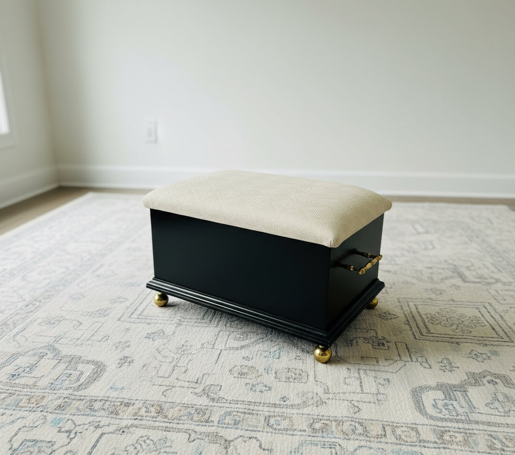 Black Storage Footstool with Beige Upholstered Top – 16