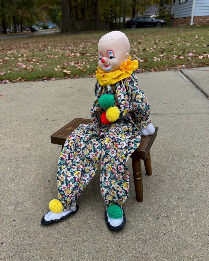 Vintage Clown Shelf Sitter Doll – 25” Handcrafted Fabric Clown with Painted Face, Pom-Pom Accents & Whimsical Charm