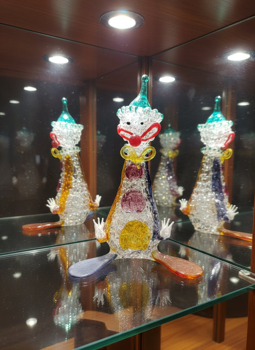 Hand-Blown Murano-Style Glass Clown Figurine – Multicolor Art Glass Circus Clown