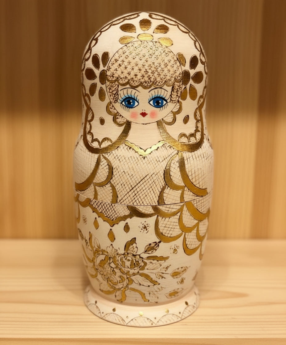 Large Hand-Painted Russian Matryoshka Nesting Doll – Signed Golden Floral Babushka Figure