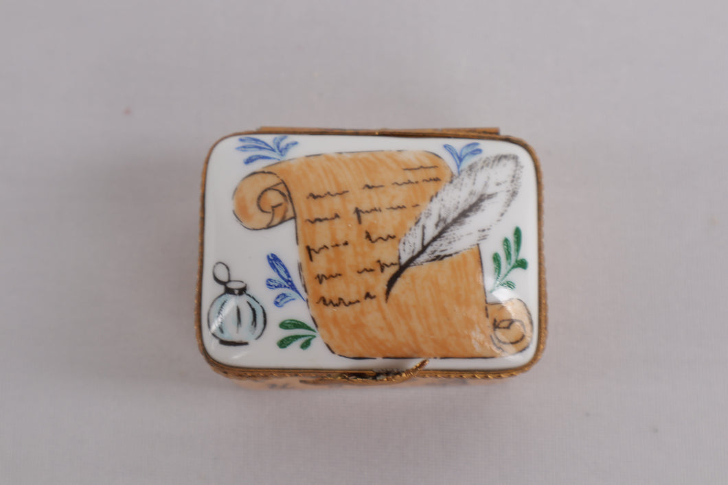 Hand-Painted Limoges France Porcelain Trinket Box – Script & Quill Design