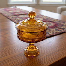 Load image into Gallery viewer, Amber Glass Lidded Candy Dish – 7.25&quot; Tall Pedestal Compote with Lid
