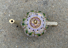 Load image into Gallery viewer, Vintage Cloisonné Enamel Teapot – Floral Motif, Brass with Lilac, Green &amp; Gold Enamel, 5” x 3”
