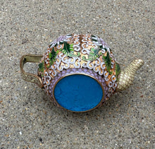Load image into Gallery viewer, Vintage Cloisonné Enamel Teapot – Floral Motif, Brass with Lilac, Green &amp; Gold Enamel, 5” x 3”
