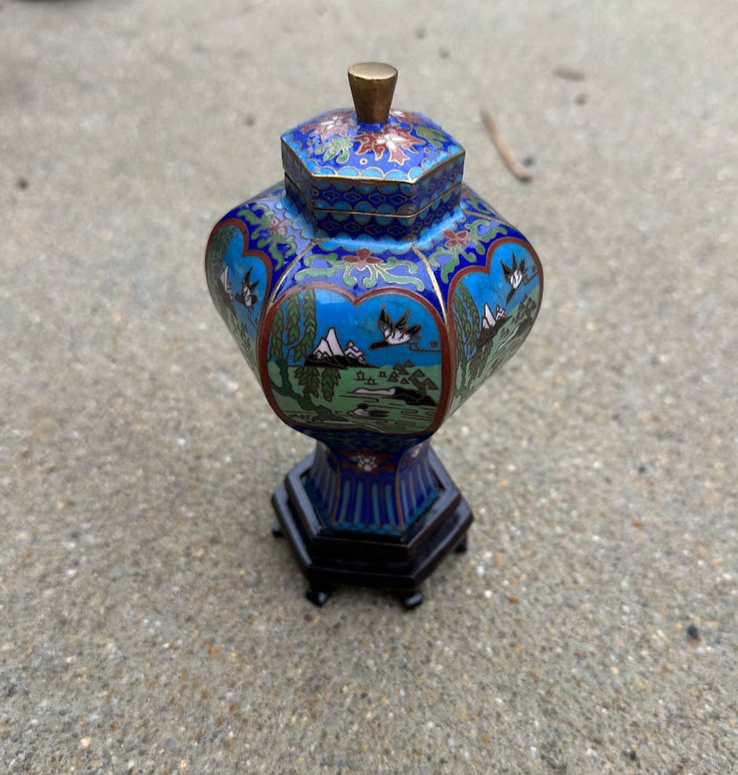 Chinese Cloisonné Enamel Hexagonal Lidded Jar with Landscape & Bird Motif – 5.5” Tall