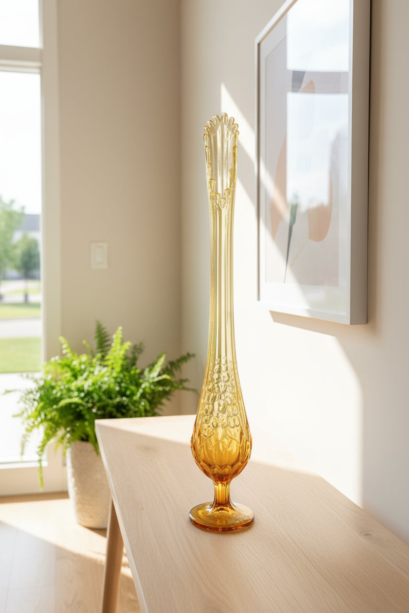 Amber Swung Glass Vase – 19.25” Tall Footed Mid-Century Elegance with 15 Ruffled Fingers