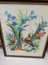 Load image into Gallery viewer, Framed Crewel Embroidery Art – 19.5&quot; x 24&quot; Hand-Stitched Quail &amp; Wildflowers Scene
