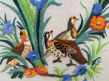 Load image into Gallery viewer, Framed Crewel Embroidery Art – 19.5&quot; x 24&quot; Hand-Stitched Quail &amp; Wildflowers Scene
