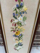 Load image into Gallery viewer, Hand-Embroidered Floral Crewel Art – 10.5&quot; x 25.75&quot; Framed Vertical Wildflower Design
