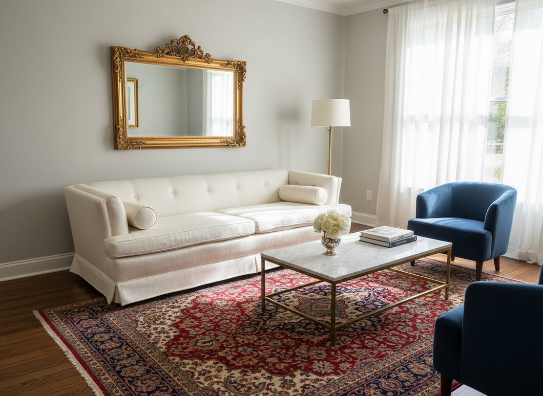 Elegant Ivory Mid-Century Modern Sofa / Couch - New Foam Cushions