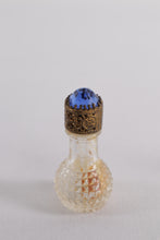 Load image into Gallery viewer, Pair of Vintage Cut Glass Perfume Bottles with Ornate Jeweled Blue Stoppers – Vanity Collectible
