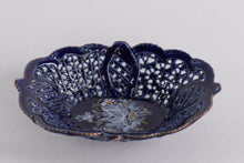 Load image into Gallery viewer, Vintage Cobalt Blue Reticulated Porcelain Dish – Hand Painted Floral Basket, 4" x 2.75"

