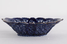 Load image into Gallery viewer, Vintage Cobalt Blue Reticulated Porcelain Dish – Hand Painted Floral Basket, 4" x 2.75"
