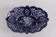 Load image into Gallery viewer, Vintage Cobalt Blue Reticulated Porcelain Dish – Hand Painted Floral Basket, 4" x 2.75"
