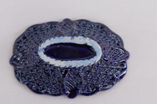 Load image into Gallery viewer, Vintage Cobalt Blue Reticulated Porcelain Dish – Hand Painted Floral Basket, 4" x 2.75"
