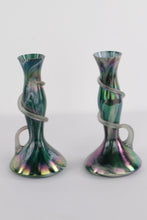 Load image into Gallery viewer, Pair of Iridescent Handblown Art Glass Vases – Green &amp; Purple Swirl with Applied Glass Coil – 10&quot; Tall
