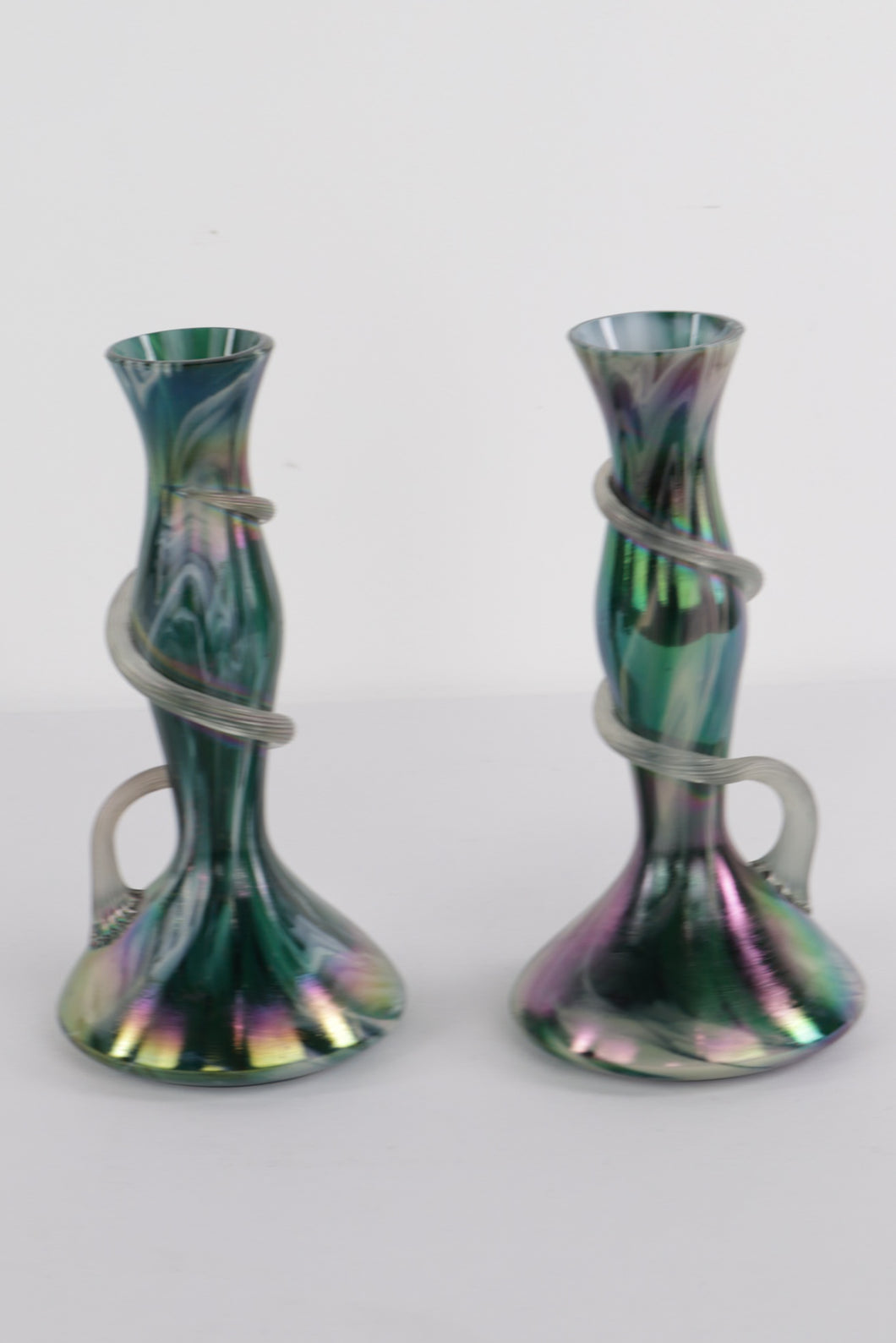 Pair of Iridescent Handblown Art Glass Vases – Green & Purple Swirl with Applied Glass Coil – 10