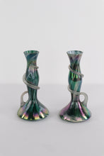 Load image into Gallery viewer, Pair of Iridescent Handblown Art Glass Vases – Green &amp; Purple Swirl with Applied Glass Coil – 10&quot; Tall
