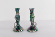 Load image into Gallery viewer, Pair of Iridescent Handblown Art Glass Vases – Green &amp; Purple Swirl with Applied Glass Coil – 10&quot; Tall
