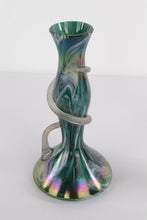 Load image into Gallery viewer, Pair of Iridescent Handblown Art Glass Vases – Green &amp; Purple Swirl with Applied Glass Coil – 10&quot; Tall
