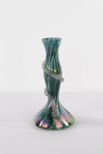 Load image into Gallery viewer, Pair of Iridescent Handblown Art Glass Vases – Green &amp; Purple Swirl with Applied Glass Coil – 10&quot; Tall
