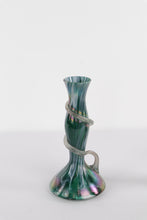 Load image into Gallery viewer, Pair of Iridescent Handblown Art Glass Vases – Green &amp; Purple Swirl with Applied Glass Coil – 10&quot; Tall
