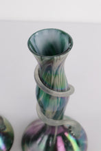 Load image into Gallery viewer, Pair of Iridescent Handblown Art Glass Vases – Green &amp; Purple Swirl with Applied Glass Coil – 10&quot; Tall
