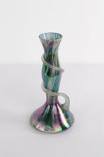 Load image into Gallery viewer, Pair of Iridescent Handblown Art Glass Vases – Green &amp; Purple Swirl with Applied Glass Coil – 10&quot; Tall

