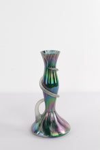 Load image into Gallery viewer, Pair of Iridescent Handblown Art Glass Vases – Green &amp; Purple Swirl with Applied Glass Coil – 10&quot; Tall
