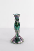 Load image into Gallery viewer, Pair of Iridescent Handblown Art Glass Vases – Green &amp; Purple Swirl with Applied Glass Coil – 10&quot; Tall
