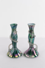 Load image into Gallery viewer, Pair of Iridescent Handblown Art Glass Vases – Green &amp; Purple Swirl with Applied Glass Coil – 10&quot; Tall
