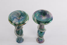 Load image into Gallery viewer, Pair of Iridescent Handblown Art Glass Vases – Green &amp; Purple Swirl with Applied Glass Coil – 10&quot; Tall
