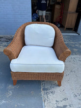 Load image into Gallery viewer, Ethan Allen Curved Rattan Armchair with White Cushions
